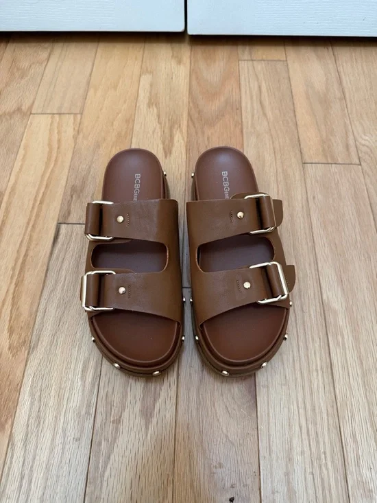 BCBGeneration Tan Platform Double-Buckle Slide Sandals with Gold Studs - Picture 2 of 4